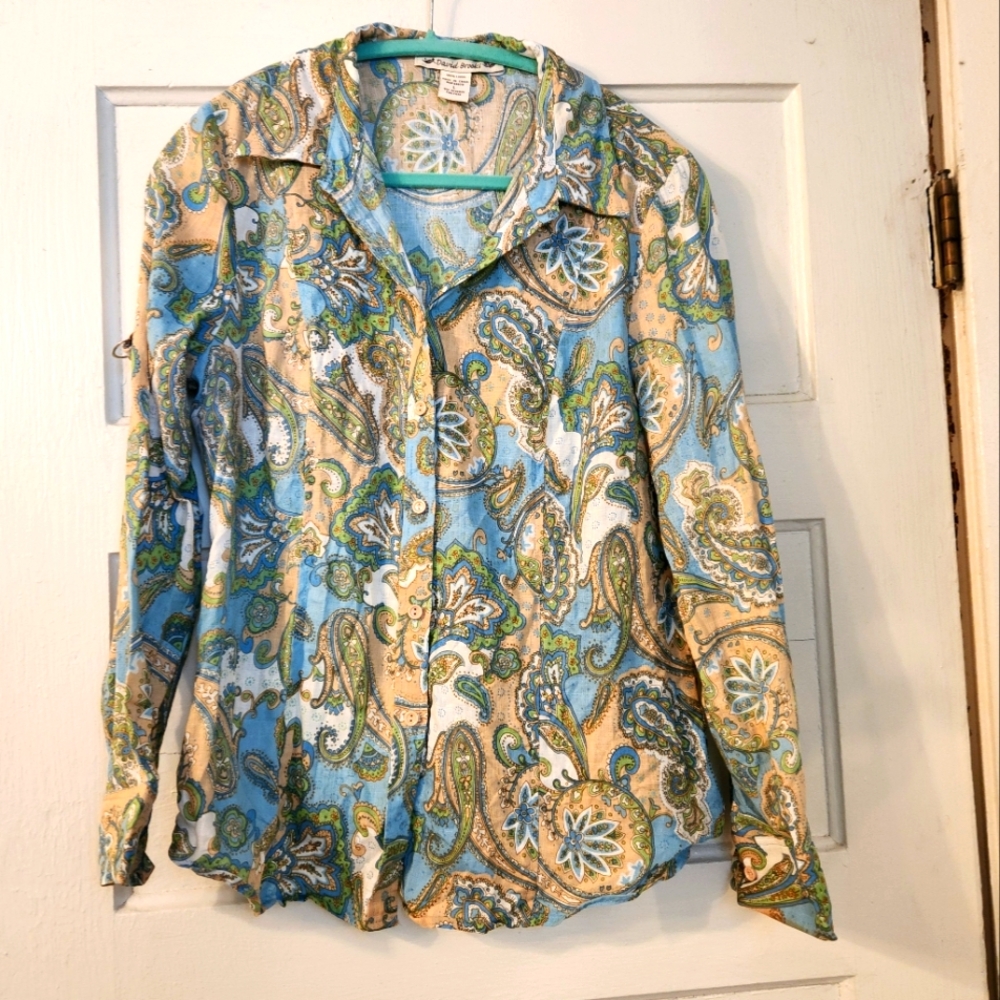 David Brooks Shirt, Paisley 100% Linen Button Down, Sz L Blue Tan Green EUC